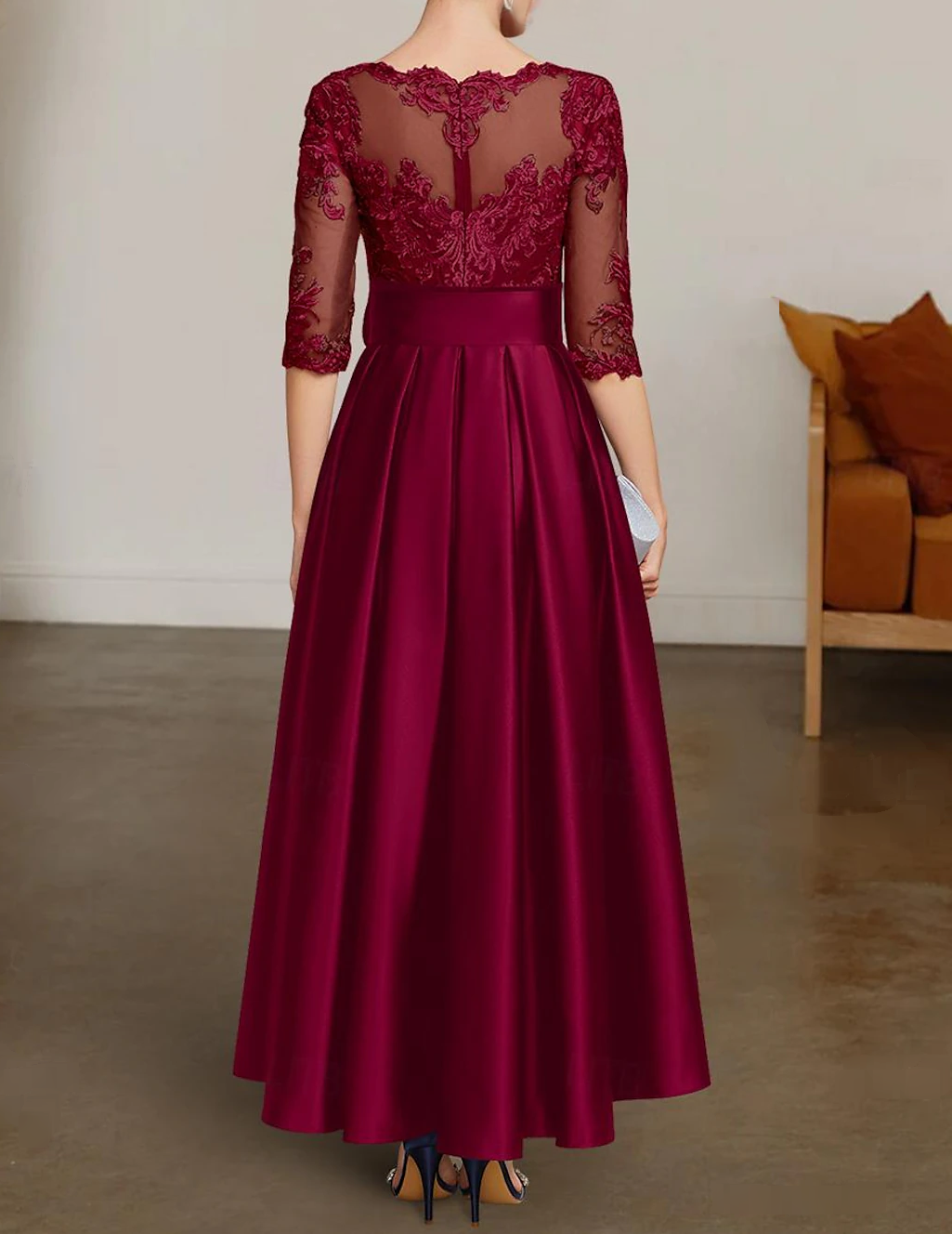 Vestido navideño de corte A para madre de la novia, vestido formal para invitada de boda, elegante, escote barco alto bajo, encaje de satén asimétrico, manga 3/4 con faja de encaje/cinta, talla personalizada gratuita